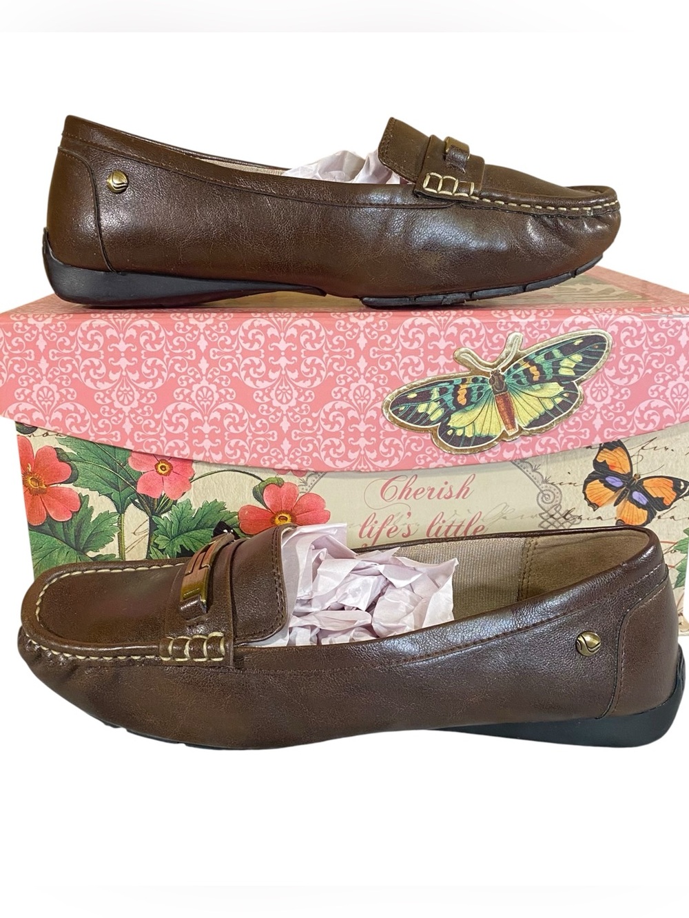 Life Stride Brown Faux Leather Loafers Slip-On Driving Shoes Non Slip Soles SZ 8